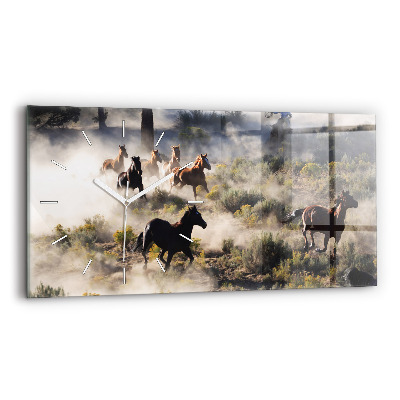 Glass wall clock rectangular A herd of rushing horses