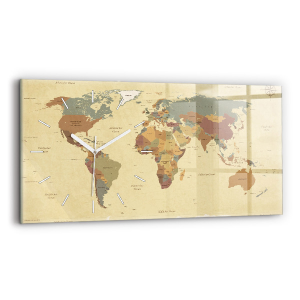 Glass wall clock rectangular Vintage World Map