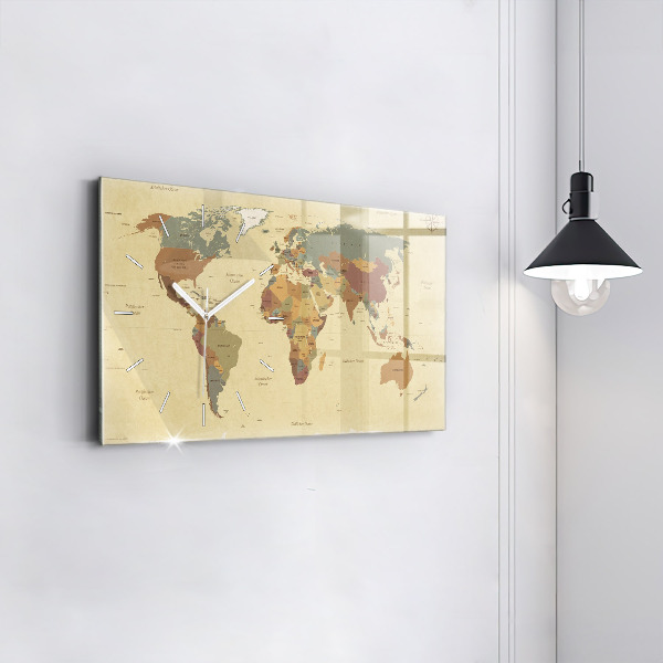 Glass wall clock rectangular Vintage World Map
