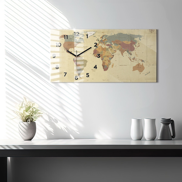 Glass wall clock rectangular Vintage World Map