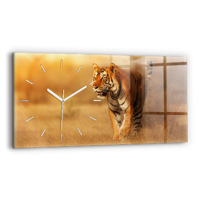 Glass wall clock rectangular Hunting Tiger