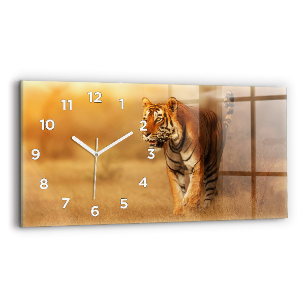 Glass wall clock rectangular Hunting Tiger
