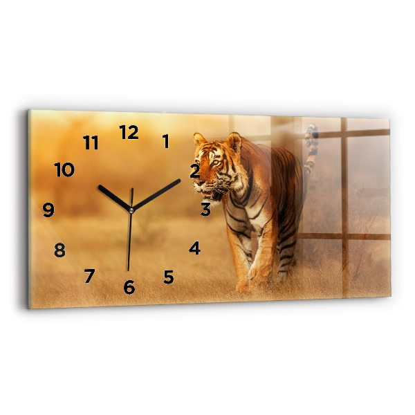 Glass wall clock rectangular Hunting Tiger
