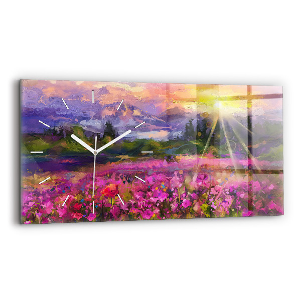 Glass wall clock rectangular Meadow in the sunset