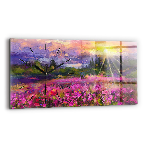 Glass wall clock rectangular Meadow in the sunset