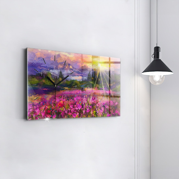 Glass wall clock rectangular Meadow in the sunset