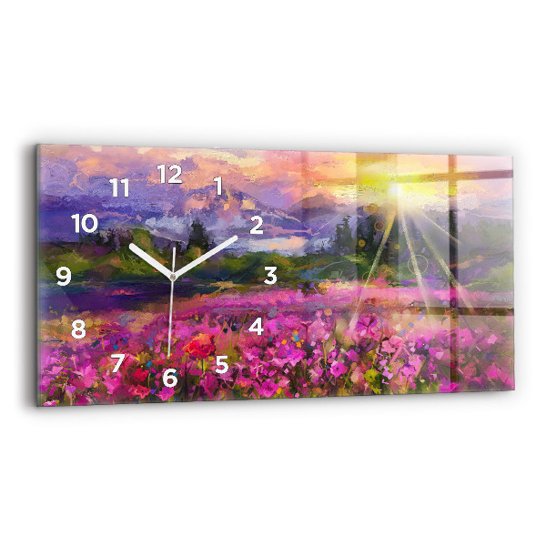 Glass wall clock rectangular Meadow in the sunset