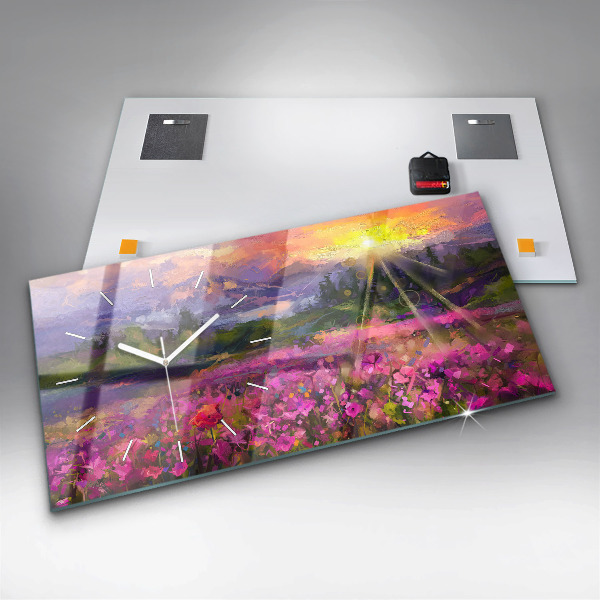 Glass wall clock rectangular Meadow in the sunset