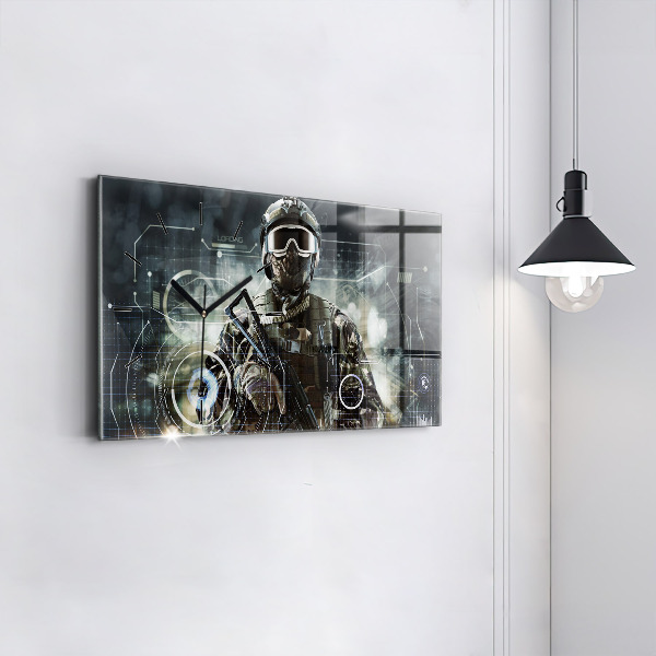 Glass wall clock rectangular Soldier with a gun