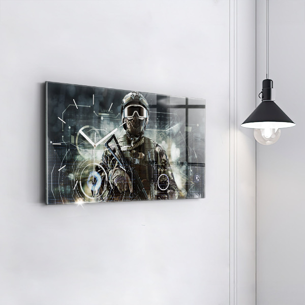 Glass wall clock rectangular Soldier with a gun