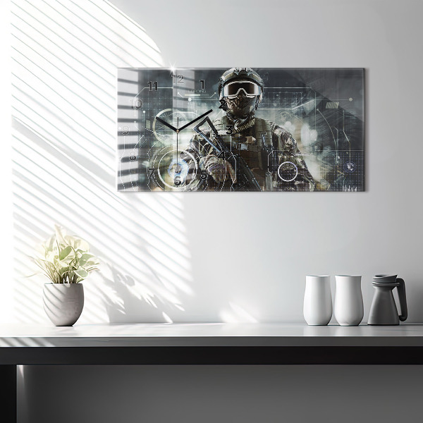 Glass wall clock rectangular Soldier with a gun