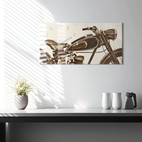 Glass wall clock rectangular Vintage Motorcycle Sepia