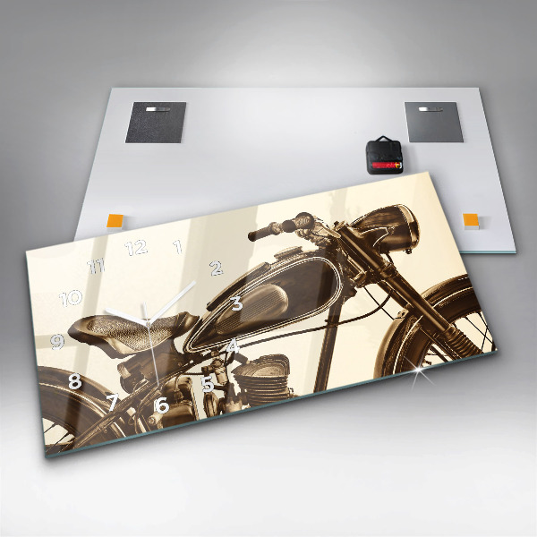 Glass wall clock rectangular Vintage Motorcycle Sepia