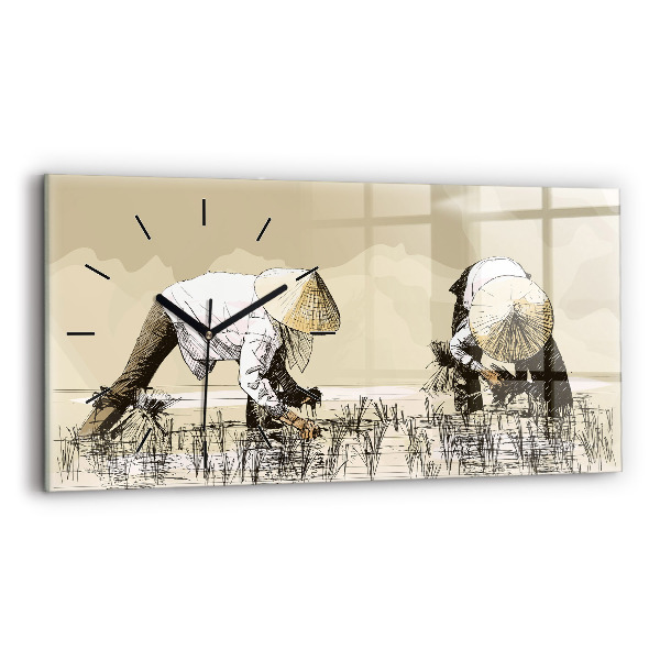 Glass wall clock rectangular Woman picking rice