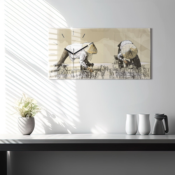 Glass wall clock rectangular Woman picking rice