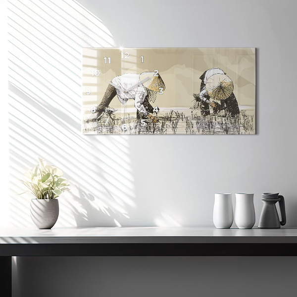 Glass wall clock rectangular Woman picking rice