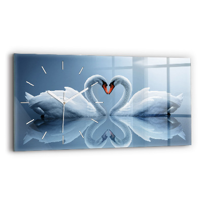 Glass wall clock rectangular Swans in the heart