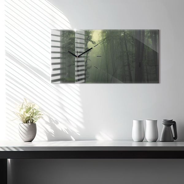 Glass wall clock rectangular Misty forest in the morning