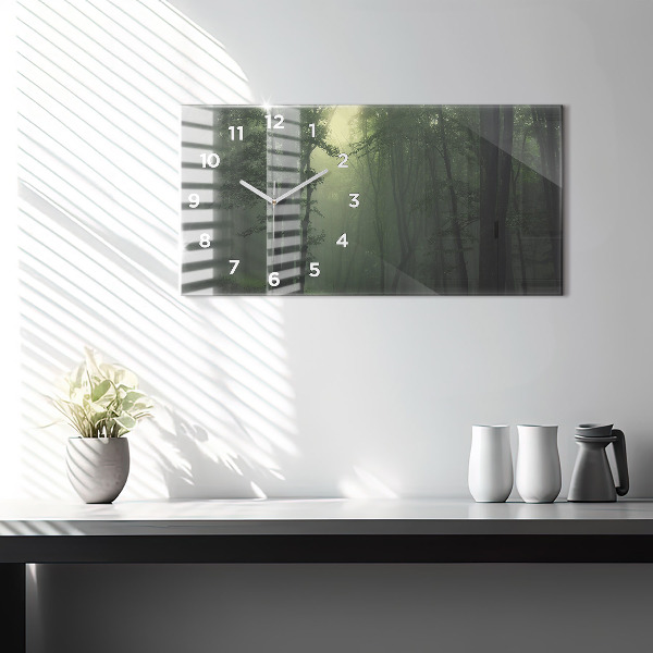 Glass wall clock rectangular Misty forest in the morning