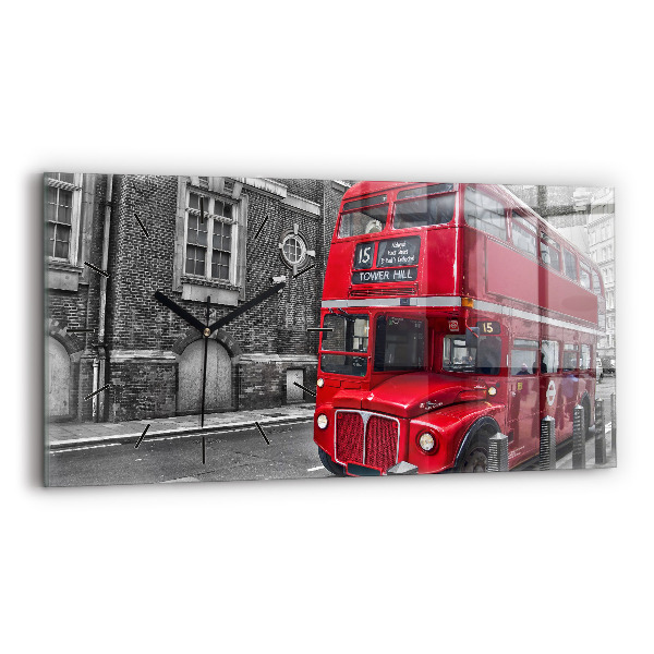 Glass wall clock rectangular Red double-decker bus