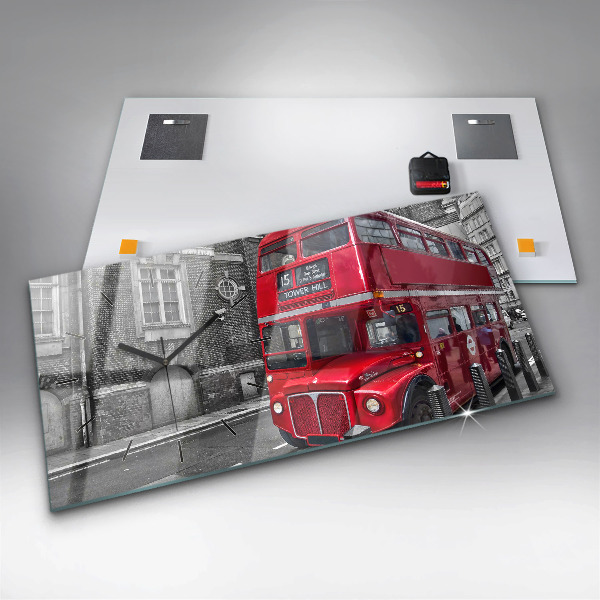 Glass wall clock rectangular Red double-decker bus