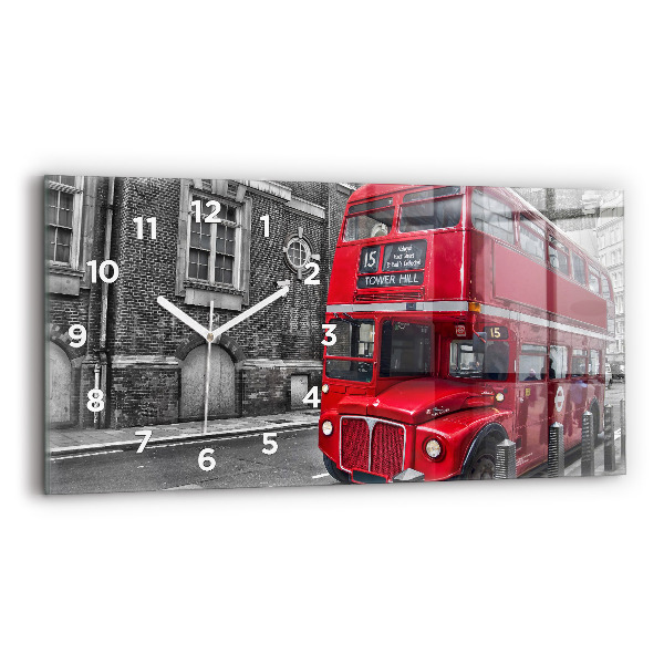 Glass wall clock rectangular Red double-decker bus