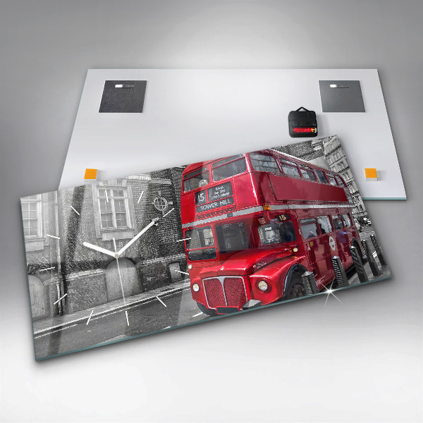 Glass wall clock rectangular Red double-decker bus