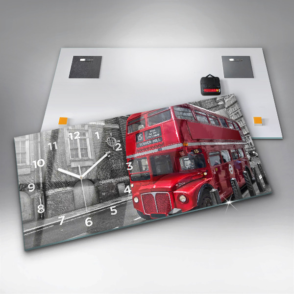 Glass wall clock rectangular Red double-decker bus