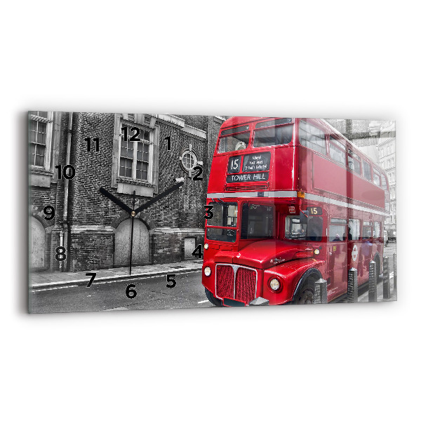 Glass wall clock rectangular Red double-decker bus