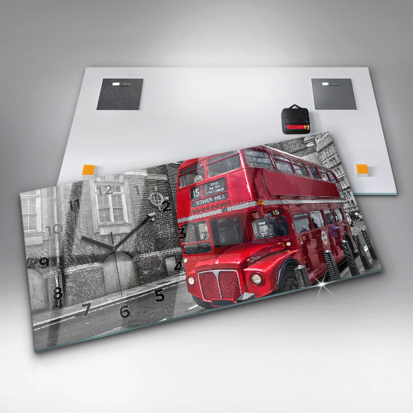 Glass wall clock rectangular Red double-decker bus