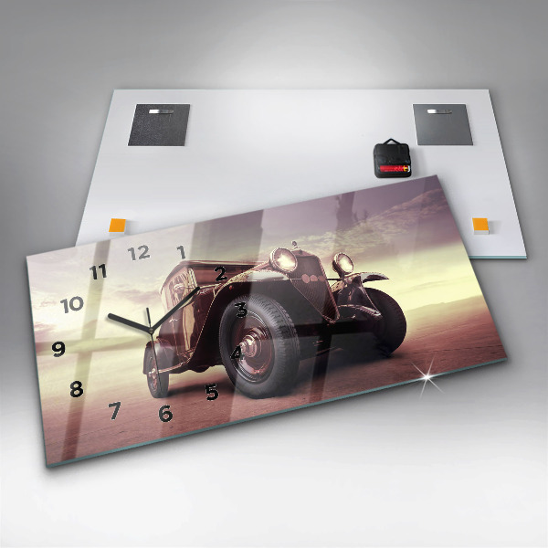 Glass wall clock rectangular Vintage car