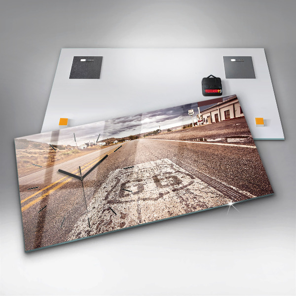 Glass wall clock rectangular Route 66 USA