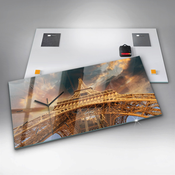 Glass wall clock rectangular The Eiffel Tower in the sunlight
