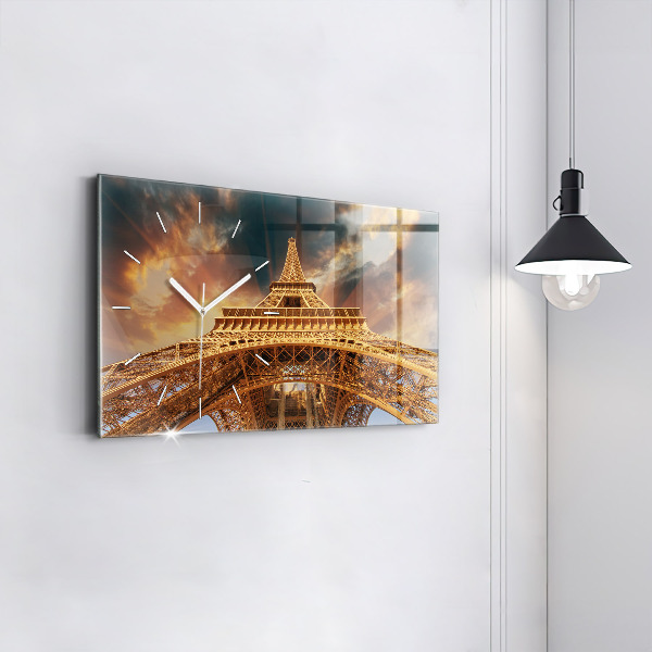 Glass wall clock rectangular The Eiffel Tower in the sunlight