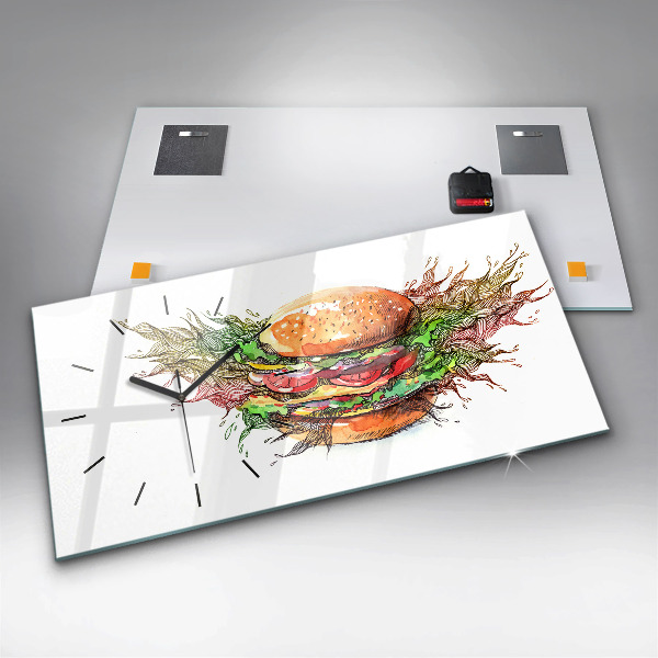 Glass wall clock rectangular XXL Cheese Burger