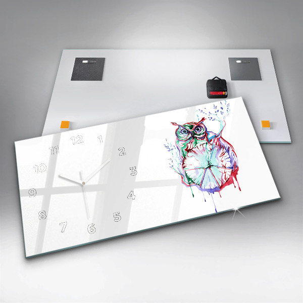 Glass wall clock rectangular Illustration of Owl and Clock