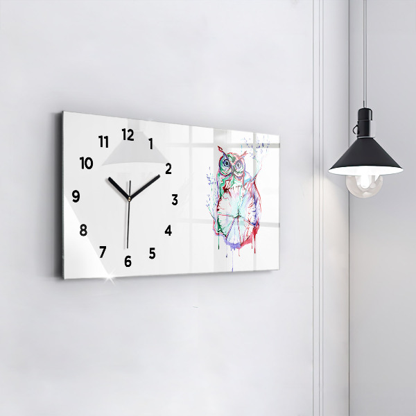 Glass wall clock rectangular Illustration of Owl and Clock