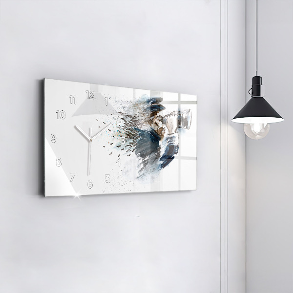 Glass wall clock rectangular Ship captain with binoculars