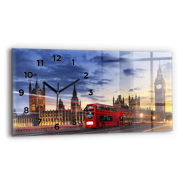 Glass wall clock rectangular Red London Bus