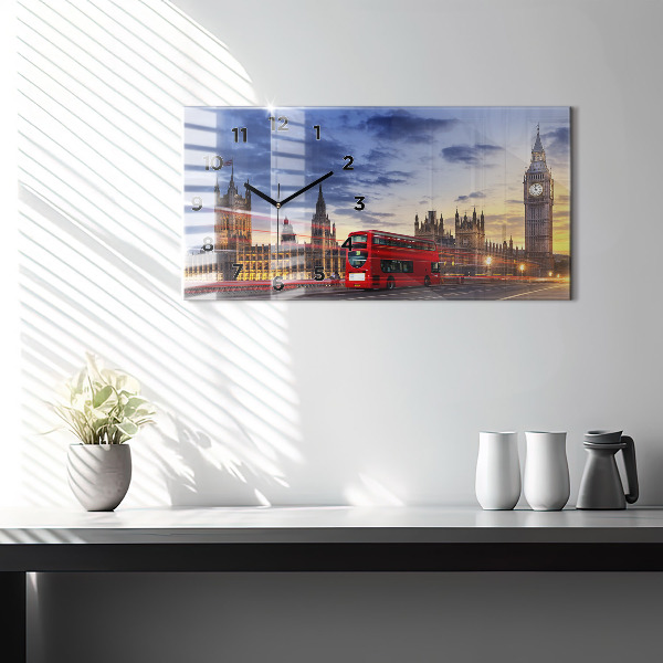 Glass wall clock rectangular Red London Bus