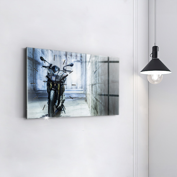 Glass wall clock rectangular Motorcycle in the alley