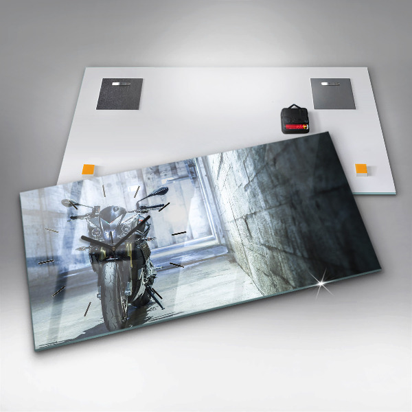 Glass wall clock rectangular Motorcycle in the alley