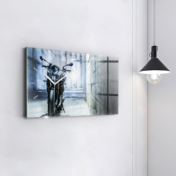 Glass wall clock rectangular Motorcycle in the alley