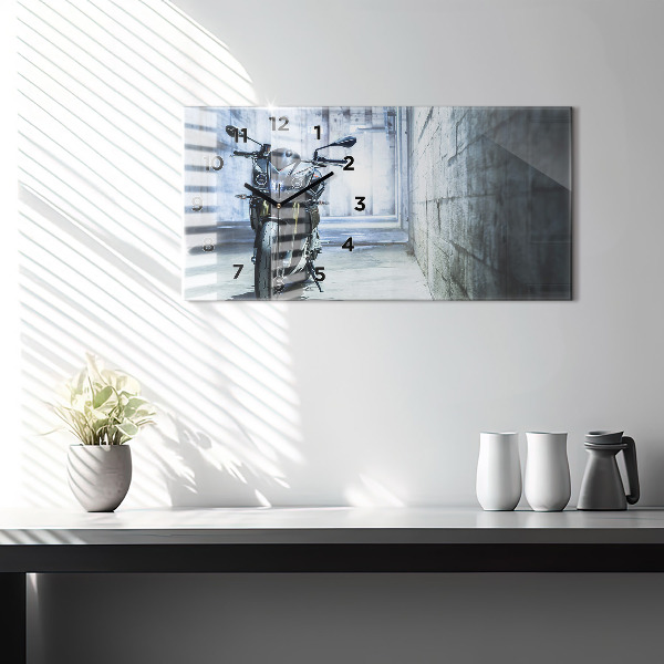 Glass wall clock rectangular Motorcycle in the alley