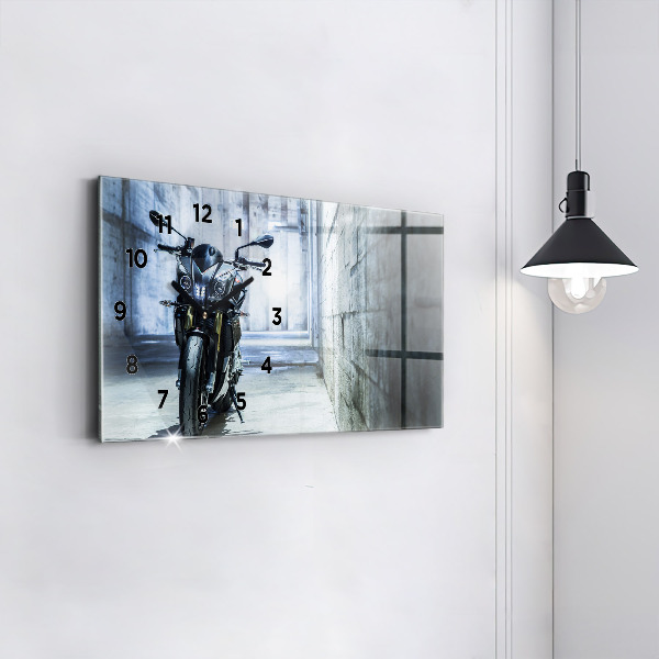 Glass wall clock rectangular Motorcycle in the alley