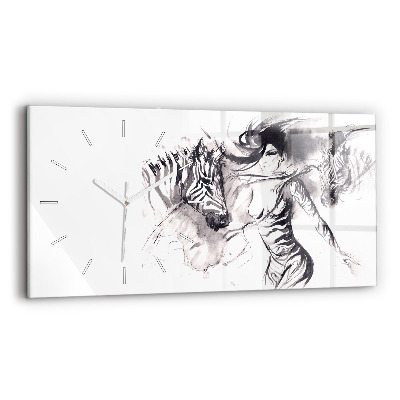 Glass wall clock rectangular Woman and zebras