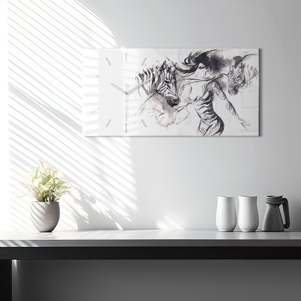 Glass wall clock rectangular Woman and zebras