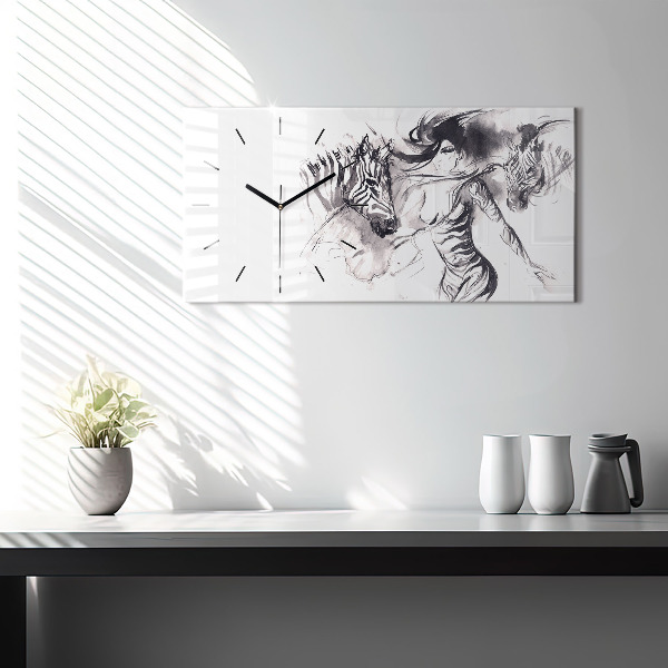 Glass wall clock rectangular Woman and zebras