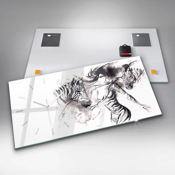 Glass wall clock rectangular Woman and zebras