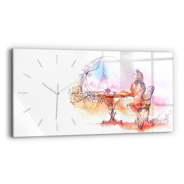 Glass wall clock rectangular Woman drinking tea